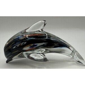 Murano style Art Glass Dolphin Paperweight Gold Blue Red Millefiori